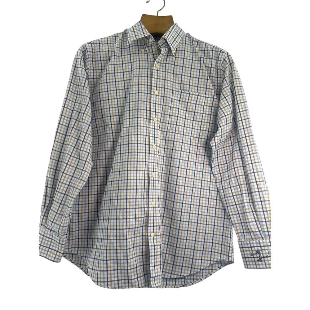 Peter Millar Nanoluxe Easycare Plaid Button Down‎ Shirt Mens L Blue Tan Cotton
